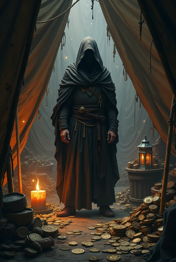 dark merchant inside a medieval tent wanting medieval money