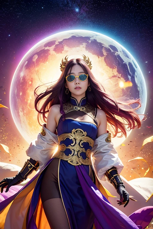 3860 Cyberpunk Year(masterpiece,HD,Ultra HD,32k lotus root starch)Gradient purple flowing long hair,autumn pond, lotus root starch color, ASİAN (Michiko), (silk scarf), fighting stance, looking at the ground, orange gradient scarf, ((Thick frame reflective jade windproof goggles))Floating bright purple, Fire cloud gold headdress, Chinese long-sleeved gold silk garment, (Abstract ink splash:1.2),mars background,Windproof goggles,lotus(realistically:1.4),Gradient purple hair,Smoke on the road,The background is very ivory white and pure, high resolution, DetailsWindproof goggles, RAW photos lotus root starch, Sharp Re, Nikon D850 film photo by Jefferies Lee 4 Kodak Portra 400 camera F1.6 guns, rich and colorful, Super real、Vivid textures, dramatic lighting, Unreal Engine Art Station Trend, Silicon Nest 800,Bright purple flowing hair,Windproof goggles