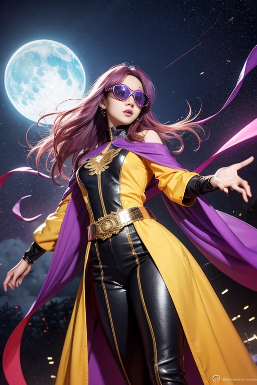 3860 Cyberpunk Year（masterpiece，HD，Ultra HD，32k lotus root starch）Gradient purple flowing long hair，autumn pond， lotus root starch color， ASİAN （Michiko）， （silk scarf）， fighting stance， looking at the ground， orange gradient scarf， ((Thick frame reflective jade windproof goggles))Floating bright purple， Fire cloud gold headdress， Chinese long-sleeved gold silk garment， （Abstract ink splash：1.2），mars background，Windproof goggles，lotus（realistically：1.4），Gradient purple hair，Smoke on the road，The background is very ivory white and pure， high resolution， DetailsWindproof goggles， RAW photos lotus root starch， Sharp Re， Nikon D850 film photo by Jefferies Lee 4 Kodak Portra 400 camera F1.6 guns, rich and colorful, Super real、Vivid textures, dramatic lighting, Unreal Engine Art Station Trend, Silicon Nest 800，Bright purple flowing hair，Windproof goggles