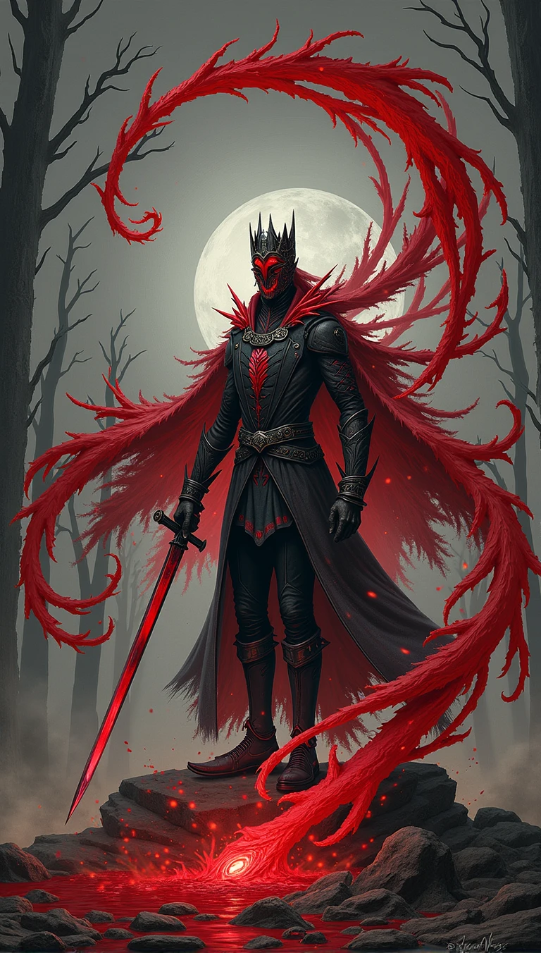 A character standing in a forest with leafless trees. He is wearing a dark coat with red accents and is wearing a crown on his head. From the character's body and arms, dynamic blood swirls emanate from him creating an almost circular pattern around him. The pools of blood seem to emanate from the character's being, suggesting a sense of supernatural power or ability. The character is also holding a sword in his right hand, pointing down. The overall atmosphere of the image is dark and melancholic, with the red elements providing a stark contrast to the gray tones of the forest and sky.