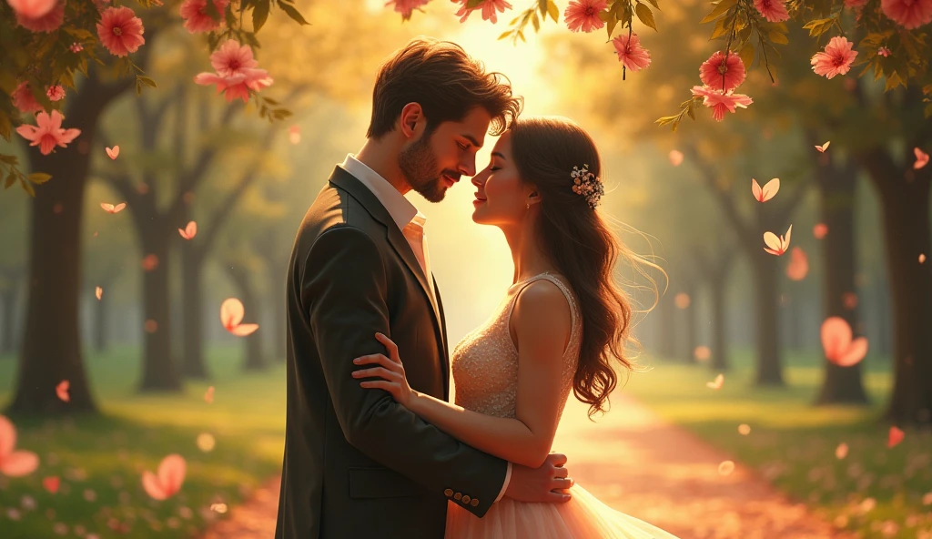 a romantic couple walking in a park, surrounded by a gentle rain of colorful flowers, beautiful detailed eyes, beautiful detailed lips, extremely detailed eyes and face, long eyelashes, photorealistic, highly detailed, intricate, ethereal, glowing light, warm color palette, soft focus, cinematic lighting, magical realism