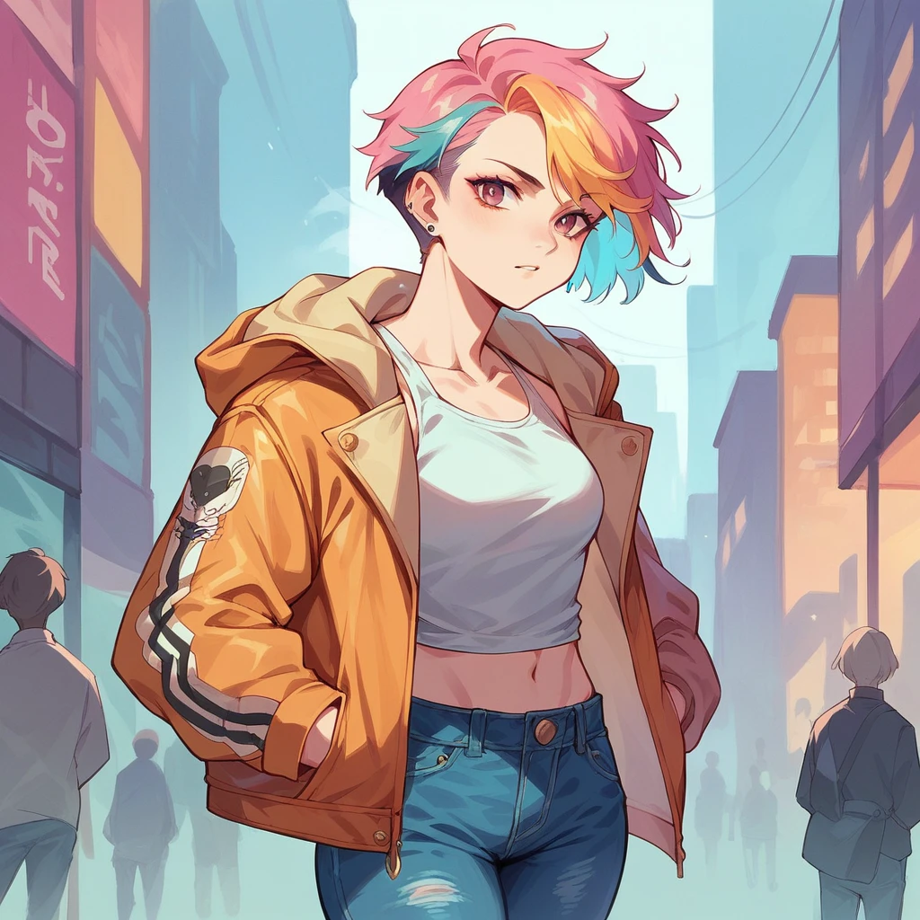 Girl with short colorful hair, a striking colorful jacket, and some leather jeans. In the background, a city