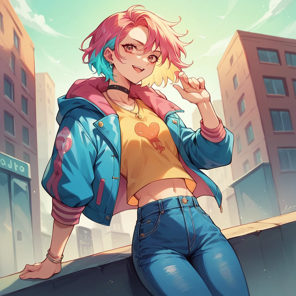 Girl with short colorful hair, a striking colorful jacket, and some leather jeans. In the background, a city 
