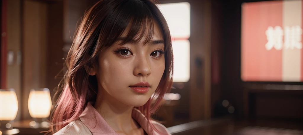 Highly Detailed Beautiful Japanese Girl, Cinematic, Cinematic Light, Realistic, Highly Detailed Face, Highly Detailed, Realistic Appearance, Lifelike, Realistic Girl, Highly Detailed Hair, medium long shot, wearing pink colour, wearing red lipstick