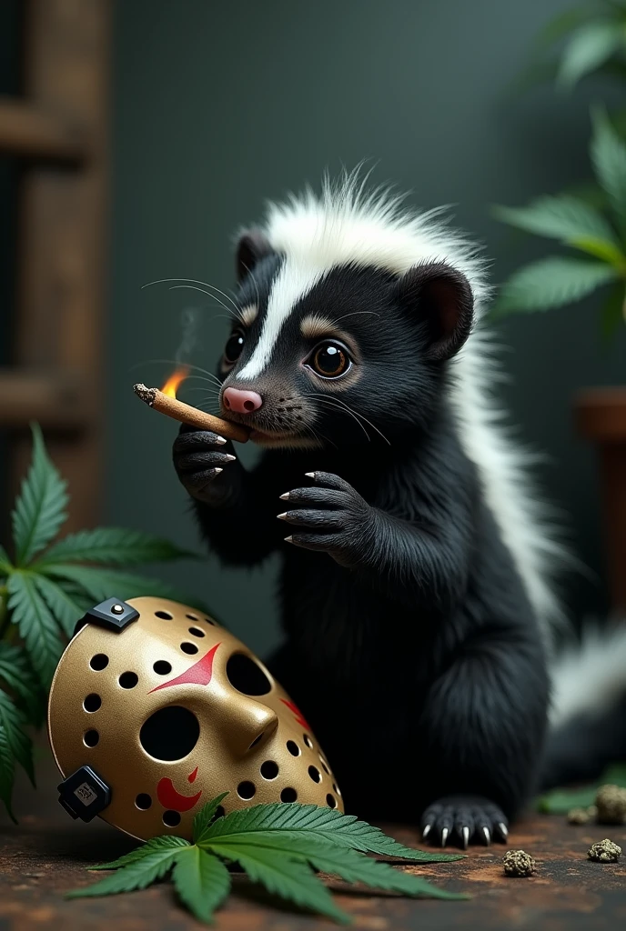 a skunk sitting smoking ????????? and smiling, 13, large ????????? leaf, hockey goalie mask, detailed, cinematic lighting, 4k, photorealistic, masterpiece, dark fantasy, surreal
