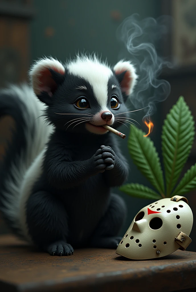 a skunk sitting smoking marijuana and smiling, 13, large marijuana leaf, hockey goalie mask, detailed, cinematic lighting, 4k, photorealistic, masterpiece, dark fantasy, surreal