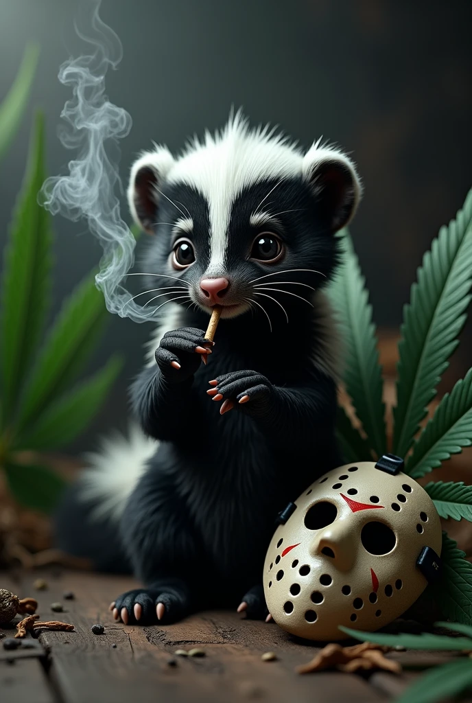a skunk sitting smoking marijuana and smiling, 13, large marijuana leaf, hockey goalie mask, detailed, cinematic lighting, 4k, photorealistic, masterpiece, dark fantasy, surreal