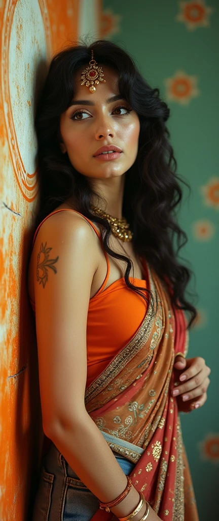 70s setting, grainy analog film, ultra-detailed, glamour artwork, close-up, provocative look, namaste, kasmir woman in sexy flared jeans, playful look, traditional accessories, abstract, orange white green layers, vivid, detailed sari, traditional makeup, teasing, traditional tattoo