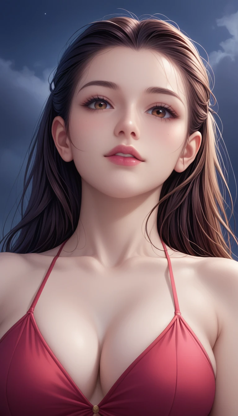 score_9, score_8_superior, score_7_superior, High-resolution CG illustration,A masterpiece in 32K resolution,Highest quality,it is really amazing,Very detailed,Ultra-high resolution,Ultra-realistic,Realistic,Increased depth of field,Cinematic lighting,
Sexy mature Japan woman,
Straight long hair with black hair,Ultra-detailed and beautiful face,Calm and gentle look,Beautiful brown eyes,Translucent white skin,Realistic skin texture,Great proportions,
Elegant red swimsuit,
Simple design,Chic color scheme based on red,Detailed fabric texture,
(Dark overcast sky on a dull night:1.1),(Dark clouds filling the sky:1.1),Thundercloud,Coastline at night,Stormy seas,delay々A desolate sandy beach that continues,
Cinematic,Low - Angle,