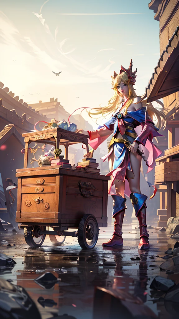 official art, unified 8K wallpapers, Ultra - detailed, beautiful and beautiful, a dragon:2 best quality, (zentangle, Conspire, entangle), (s fractal art: 1.4), 1Dark Magician Girl,blond hair, Japanese, exposed bare shoulders, short skirt, small thighs, belly button, He is very detailed, Angle Dynamic, cowboy lens, (Chaos at its most beautiful), tributary, (bright colors), Oc, (in the middle of: 1.2), JPN, (flying sky thangka: 1.5), (ribbons: 1.3), (dream: 1.5), (Hanfu: 1.5), Cute dragon, Chinese phoenix,(angry:0.5),(Japanese God),Perfect woman face,blue eyes, pink lips. Dragón Chino Namer-Namer-Namer-Dark Wizard Girl