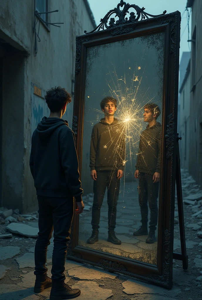 Prompt: Create a dark, moody scene depicting a young man standing in front of a cracked mirror. The reflection shows two sides of him, one side glowing with a soft, golden light, symbolizing his true self, and the other side darkened, shadowed, representing the persona society wants him to be. The background is urban, with crumbling walls and dimly lit streets, adding a sense of decay and struggle. The colors should be muted, with deep blues, grays, and touches of gold. In the reflection, faint digital symbols, like likes and numbers, float around, emphasizing the societal pressures. The young man should be dressed in streetwear, looking determined yet conflicted. Above the mirror, the words "Géminis" are inscribed in an ornate, gothic font.
