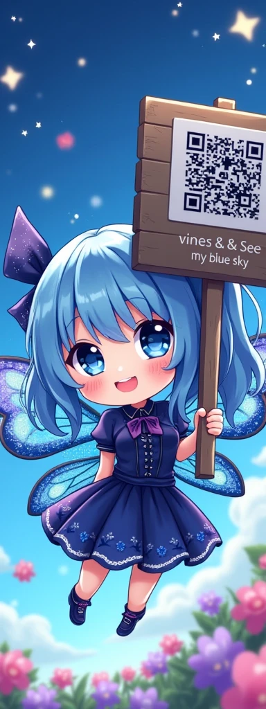 1 girl\(faerie,cute,(chibi:0.8), eyes large, cosmic eyes, cosmic hair color, cute hair,cute hair style,gothic dress,nice dress,breastsout, blue butterfly wings, sparkling blue scales,great smile,cute smile, holding a large wooden sign in hand (with QRcode) dice "viens & See my blue sky ❤"\), fund\(Beautiful blue sky, twinkling stars,colorful flowers blooming\),(sinal de close up:1.3),dynamic pose,dynamic angle
