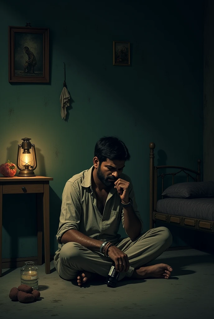 Mohan Drinking Alone in His Home: A modest, dimly lit room with basic furniture. Mohan, looking somewhat disheartened and lost, is sitting on the floor with a bottle of alcohol in his hand. The room has a rustic feel, with a simple bed, a small table, and a lantern.