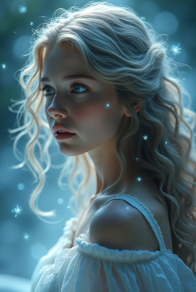 Zodiac sign of a girl "cancer" a very beautiful girl with long curls, magic, color palette of soft blue, BLUE, silver