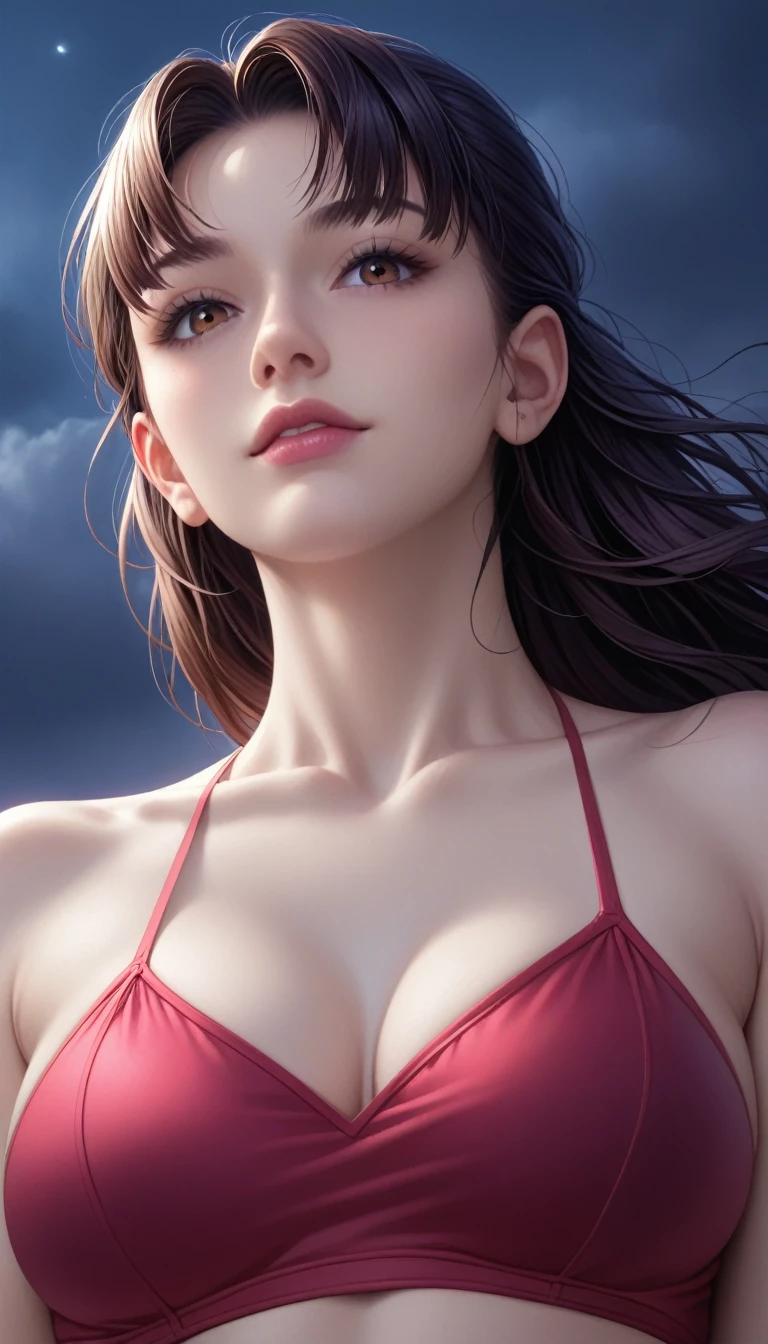score_9, score_8_superior, score_7_superior, High-resolution CG illustration,A masterpiece in 32K resolution,Highest quality,it is really amazing,Very detailed,Ultra-high resolution,Ultra-realistic,Realistic,Increased depth of field,Cinematic lighting,
Sexy mature Japan woman,
Straight long hair with black hair,Ultra-detailed and beautiful face,Calm and gentle look,Beautiful brown eyes,Translucent white skin,Realistic skin texture,Great proportions,
Elegant red swimsuit,
Simple design,Chic color scheme based on red,Detailed fabric texture,
(Dark overcast sky on a dull night:1.1),(Dark clouds filling the sky:1.1),Thundercloud,Coastline at night,Stormy seas,delay々A desolate sandy beach that continues,
Cinematic,Low - Angle,
