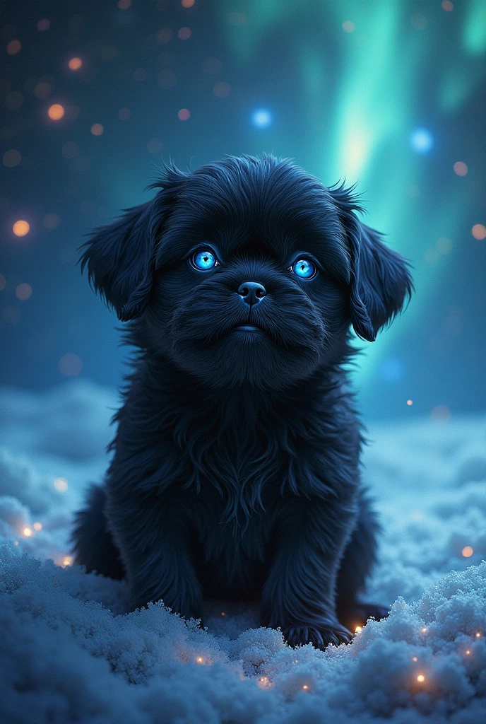 Black shih tzu puppy, glowing big blue eye,slittle cold Touch mystic feeling polar Lights,nebula