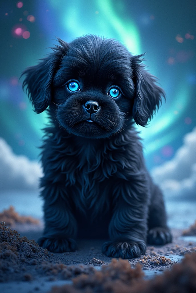 Black shih tzu puppy, glowing big blue eye,slittle cold Touch mystic feeling polar Lights,nebula