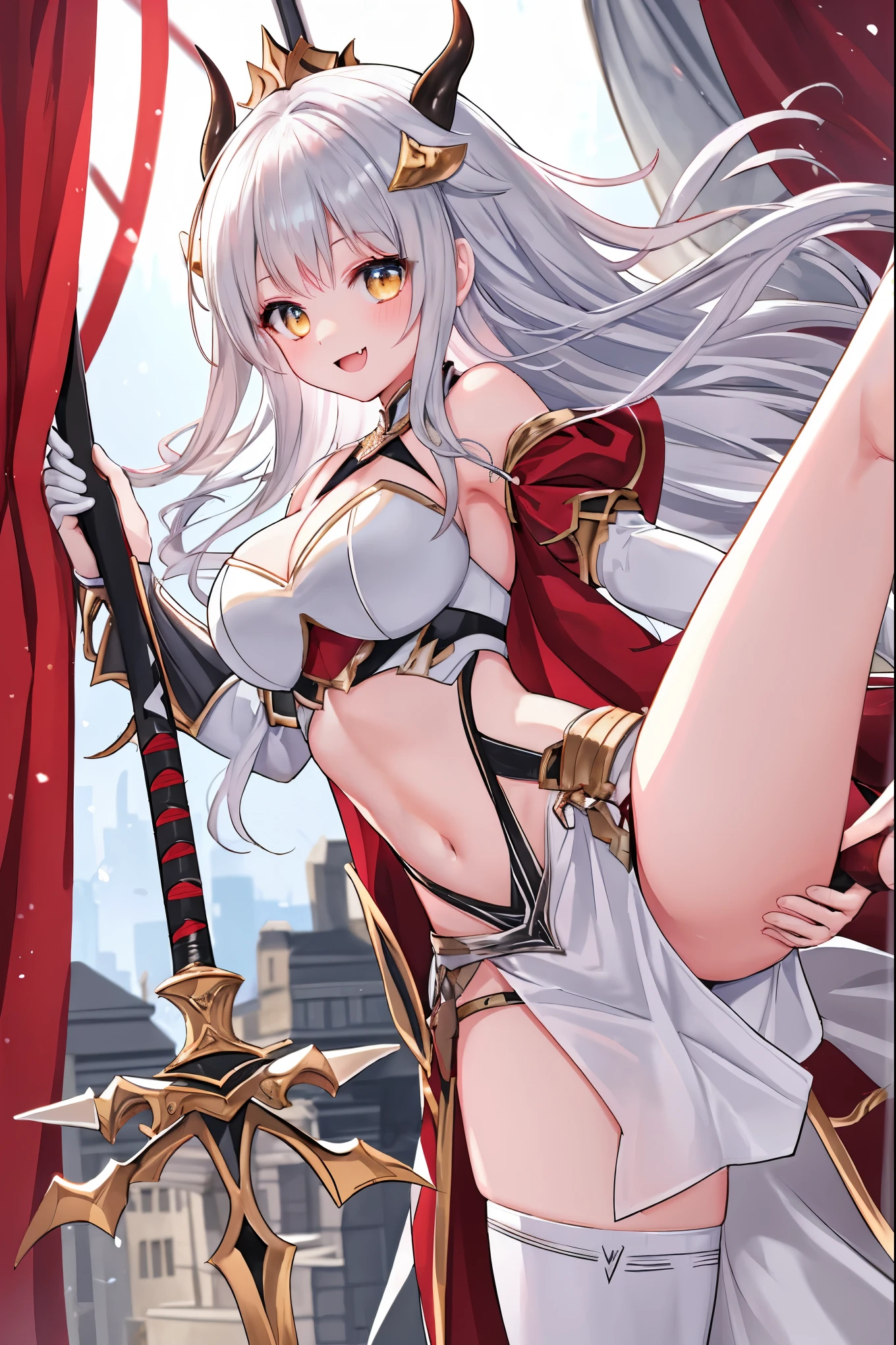fantasy, 1devil_girl, low_, platina_blond_hair,long_bangs,, bare_shoulder, navel out, thighhighs,silver_armor, red_clothes,waist_armor, Glebe, hold_swords, large_breanamic_flying_pose,Floating,(pelvic_curtain:1.3), silver_Headgear ,looking_down_at_sunrise_city_sky_background,,slightly_spread_legs, some_swords,some_swords_floating_around_the_girl,solo,horn ,smile,,open_legs,open_arms,rise_knee,rise_leg,rise_thigh,rise_leg,forward_leaning_posture,apart_legs,fang,Shiny_gold_eyes,crotch