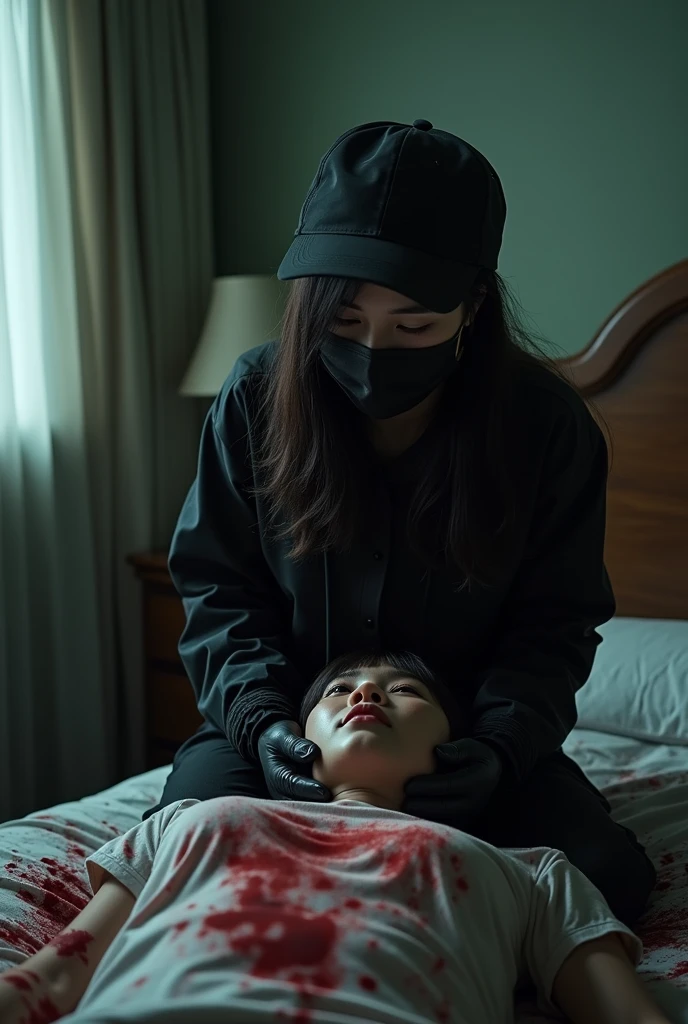 korean girl, (behind corpse, holding rope), strangling, choking, black surgical mask, black gloves, room full of blood, black raincoat, trucker hat, holding rope, black gloves, woman on top, behind corpse, blood splatter, on the bed, looking at viewer, mass murderer, killer, low ponytail, blood splatter, dark atmosphere, cinematic lighting, atmospheric realistic, light from the window, close-up,