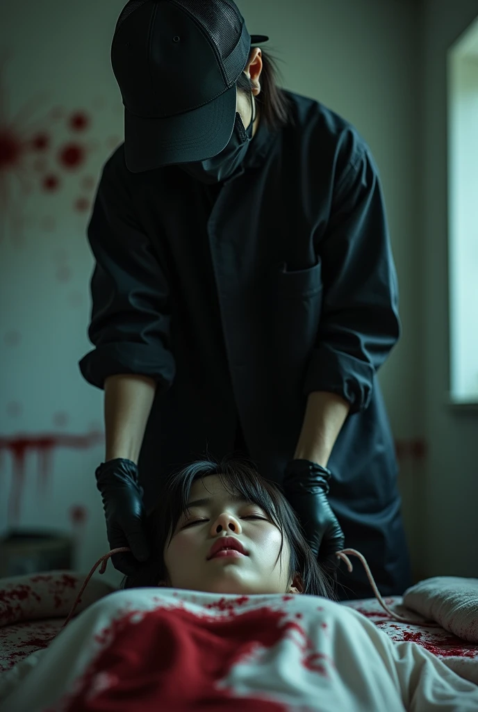 korean girl, (behind corpse, holding rope), strangling, choking, black surgical mask, black gloves, room full of blood, black raincoat, trucker hat, holding rope, black gloves, woman on top, behind corpse, blood splatter, on the bed, looking at viewer, mass murderer, killer, low ponytail, blood splatter, dark atmosphere, cinematic lighting, atmospheric realistic, light from the window, close-up,