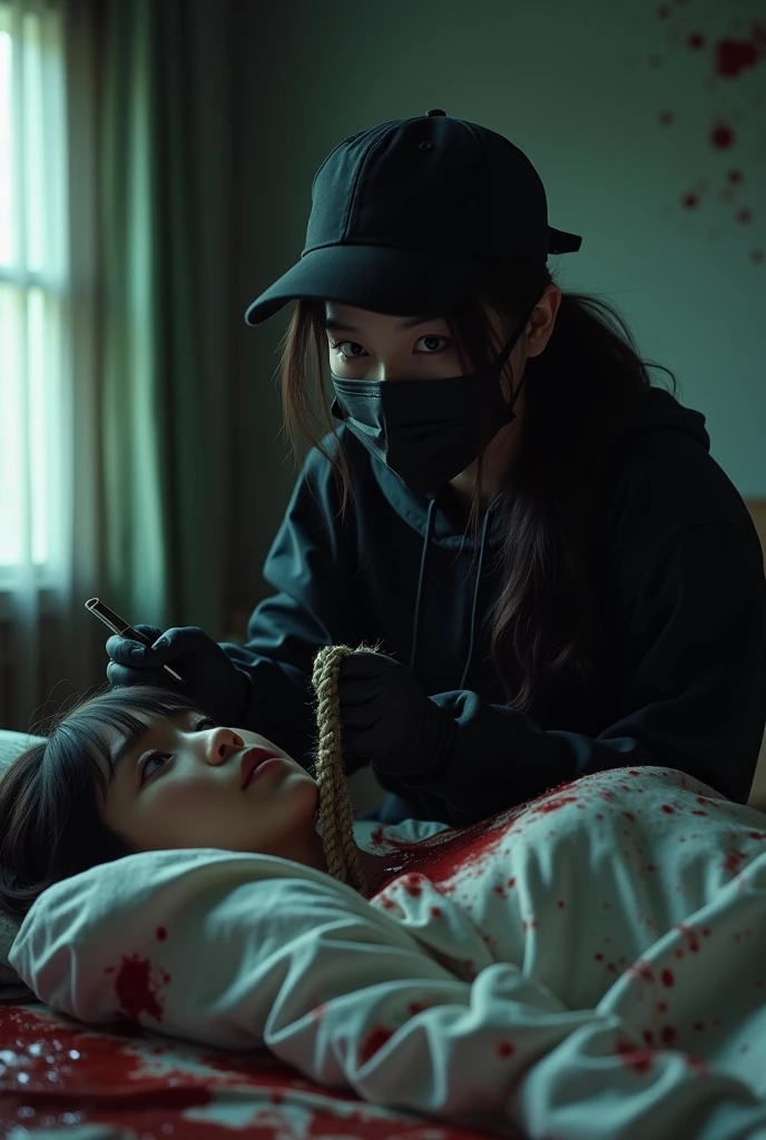 korean girl, (behind corpse, holding rope), strangling, choking, black surgical mask, black gloves, room full of blood, black raincoat, trucker hat, holding rope, black gloves, woman on top, behind corpse, blood splatter, on the bed, looking at viewer, mass murderer, killer, low ponytail, blood splatter, dark atmosphere, cinematic lighting, atmospheric realistic, light from the window, close-up,
