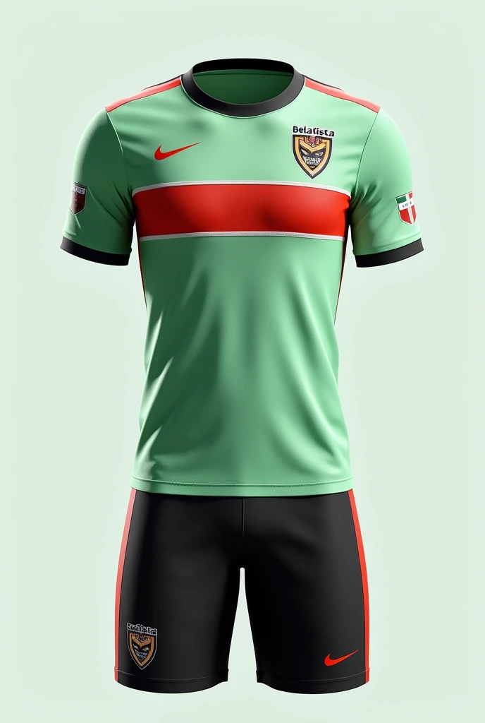 Customized football uniform in light green primary color with red horizontal stripe with white and orange details and black shorts with shield on the left side of the chest with the word bela vista written on it