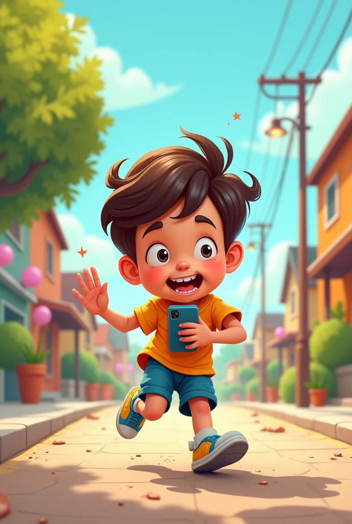 2D cartoon child tripping over something while looking at their phone