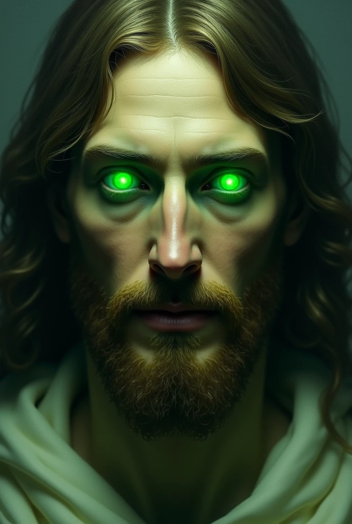 Jesus looking at you intently, green eyes