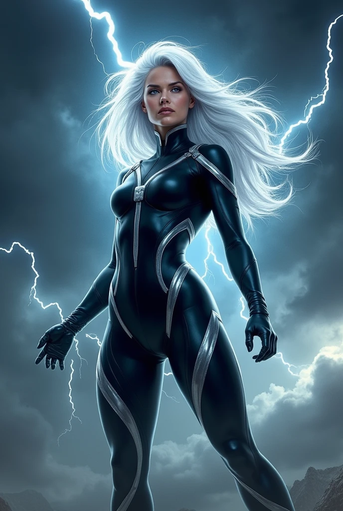 "Storm from X-Men standing powerfully under a dark, stormy sky, wearing a sleek, form-fitting bodysuit that accentuates her strong, athletic figure. The suit is designed with elegant lines, featuring metallic accents that reflect the lightning around her. Her white hair flows dramatically in the wind as she raises her hands, summoning a tempest. The clouds swirl, and bolts of lightning crackle in the sky, highlighting her control over the weather. Her eyes glow with intensity, showcasing her powerful and commanding presence."