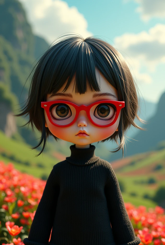 blythe doll with red bayonetta glasses wearing black shirt landscape