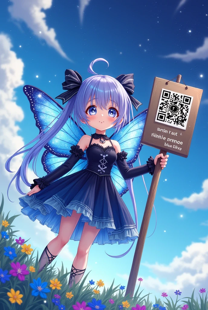 1 girl\(faerie,cute,(chibi:0.8), eyes large, cosmic eyes, cosmic hair color, cute hair,cute hair style,gothic dress,nice dress,breastsout, blue butterfly wings, sparkling blue scales,great smile,cute smile, holding a large wooden sign in hand (with QRcode:1.3) dice "viens & See my blue sky ❤"\), fund\(Beautiful blue sky, twinkling stars,colorful flowers blooming\),(sinal de close up:1.3),dynamic pose,dynamic angle