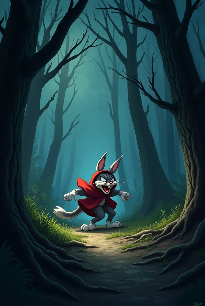 Frajola in the dark forest looking for Little Red Riding Hood