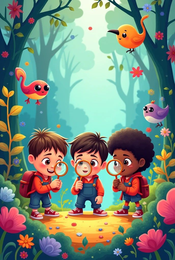 (Cartoon) Children holding magnifying glass,happily searching for colors, exited to explore