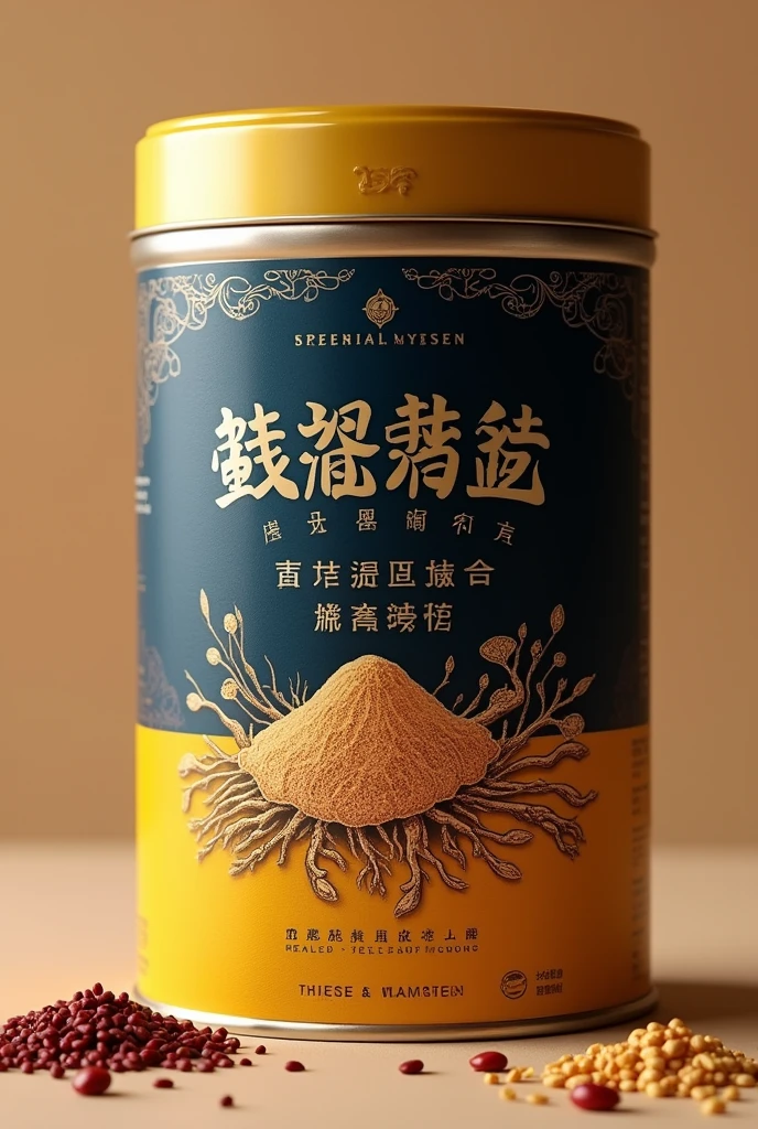 Packaging Design Description
Product: Nutritional powder tin from nutritional grains
Target audience: Elderly
Main ingredients: thousand-year-old ginseng root
Design request:
Style: Elegant and impressive, suitable for the elderly target audience.
Color: Use a luxurious color palette with shades such as deep yellow, navy blue and silver to create a sense of sophistication and health.
Content:
Prominent product name, use elegant and easy-to-read fonts.
Key benefits such as “Health Support” and “Premium Ginseng Root Ingredients”.
Image:
Image chi tiết của nhân sâm.
Nutritional grains (like red apple seeds, seeds) to highlight the main ingredients.
Design Elements:
Sophisticated decorative elements, like intricate patterns or metallic effects to enhance the sense of luxury.
Ensure the design is easily recognizable on the shelf and attracts consumer attention.
