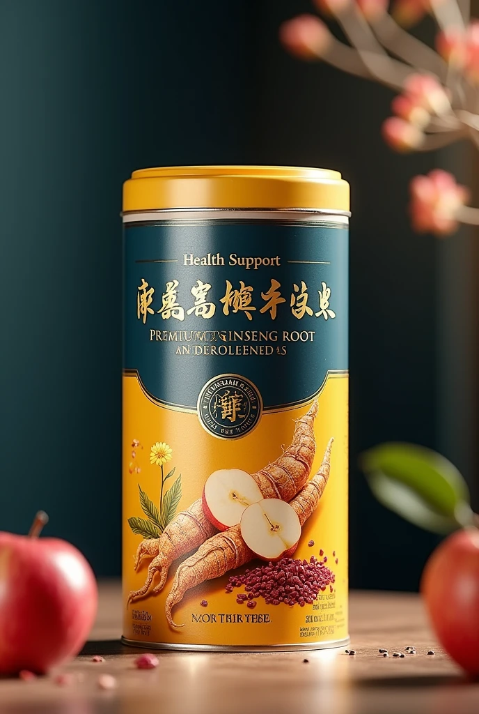 Packaging Design Description
Product: Nutritional powder tin from nutritional grains
Target audience: Elderly
Main ingredients: thousand-year-old ginseng root
Design request:
Style: Elegant and impressive, suitable for the elderly target audience.
Color: Use a luxurious color palette with shades such as deep yellow, navy blue and silver to create a sense of sophistication and health.
Content:
Prominent product name, use elegant and easy-to-read fonts.
Key benefits such as “Health Support” and “Premium Ginseng Root Ingredients”.
Image:
Image chi tiết của nhân sâm.
Nutritional grains (like red apple seeds, seeds) to highlight the main ingredients.
Design Elements:
Sophisticated decorative elements, like intricate patterns or metallic effects to enhance the sense of luxury.
Ensure the design is easily recognizable on the shelf and attracts consumer attention.