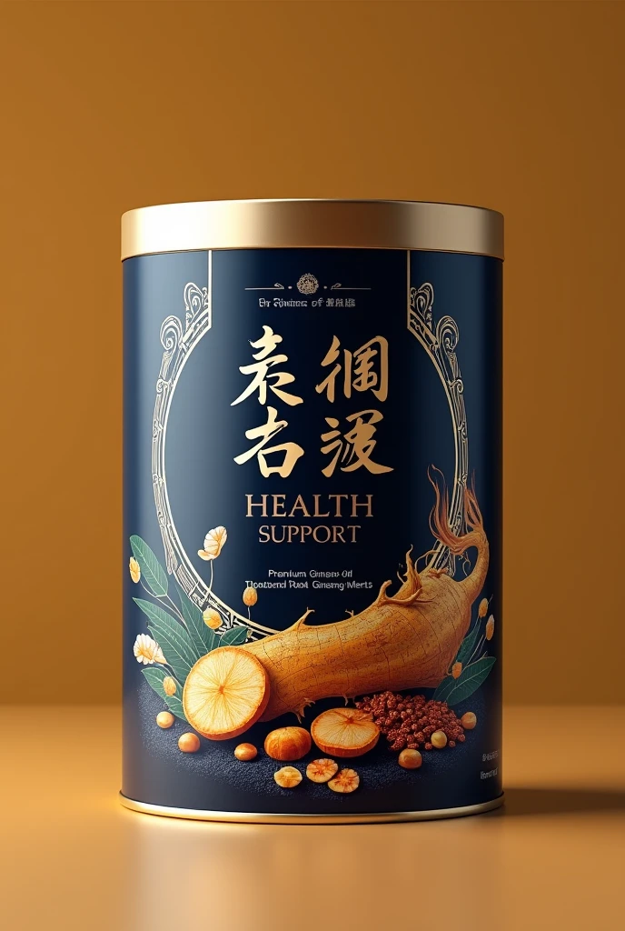 Packaging Design Description

Product: Nutritional powder tin from nutritional grains

Target audience: Elderly

Main ingredients: thousand-year-old ginseng root

Design request:

Style: Elegant and impressive, suitable for the elderly target audience.
Color: Use a luxurious color palette with shades such as deep yellow, navy blue and silver to create a sense of sophistication and health.
Content:
Prominent product name, use elegant and easy-to-read fonts.
Key benefits such as “Health Support” and “Premium Ginseng Root Ingredients”.
Image:
Image chi tiết của nhân sâm.
Nutritional grains (like red apple seeds, seeds) to highlight the main ingredients.
Design Elements:
Sophisticated decorative elements, like intricate patterns or metallic effects to enhance the sense of luxury.
Ensure the design is easily recognizable on the shelf and attracts consumer attention.