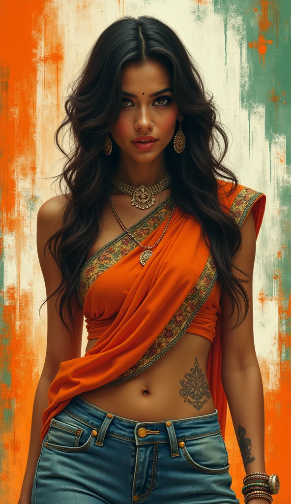 70s setting, grainy analog film, ultra-detailed, glamour artwork, namaste, close-up, provocative look, india woman in sexy flared jeans, playful look, traditional accessories, abstract, orange white green layers, vivid, detailed sari, traditional makeup, teasing, traditional tattoo