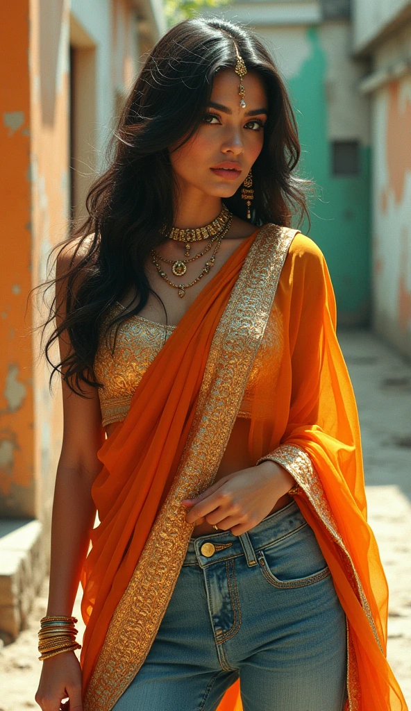 70s setting, grainy analog film, ultra-detailed, glamour artwork, namaste, close-up, provocative look, india woman in sexy flared jeans, playful look, traditional accessories, abstract, orange white green layers, vivid, detailed sari, traditional makeup, teasing, traditional tattoo