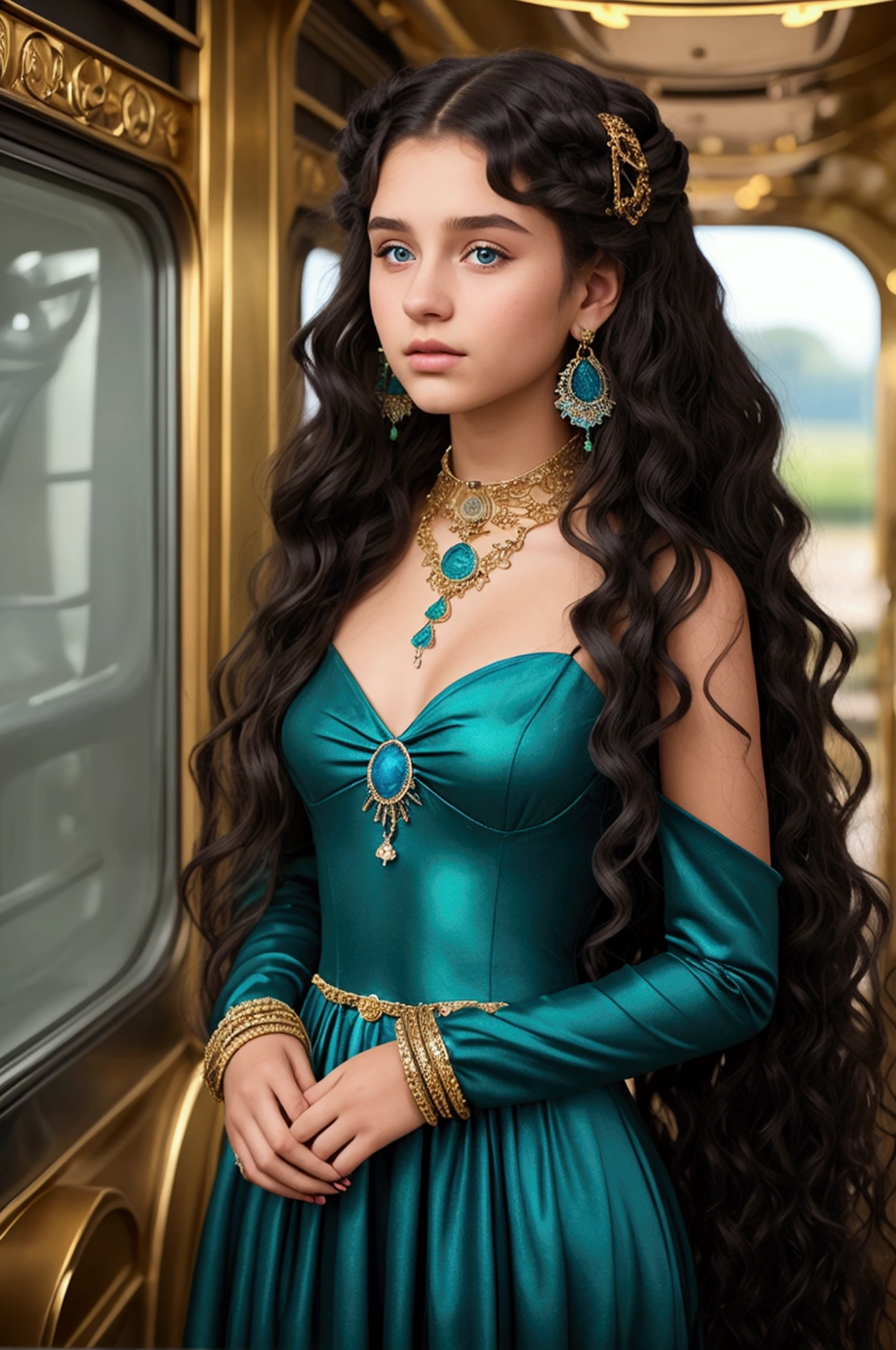 16 year old girl with long curly hair. Dressed in a long green dress with a long train decorated with light blue diamonds.
Next to the girl is a black cat with a purple collar. They are standing in a magnificent and bright room. The girl wears many gold bracelets and hoop earrings. And she wears a necklace with a pendant with a small diamond
