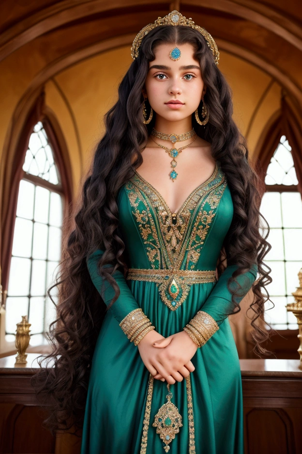 16 year old girl with long curly hair. Dressed in a long green dress with a long train decorated with light blue diamonds.
Next to the girl is a black cat with a purple collar. They are standing in a magnificent and bright room. The girl wears many gold bracelets and hoop earrings. And she wears a necklace with a pendant with a small diamond