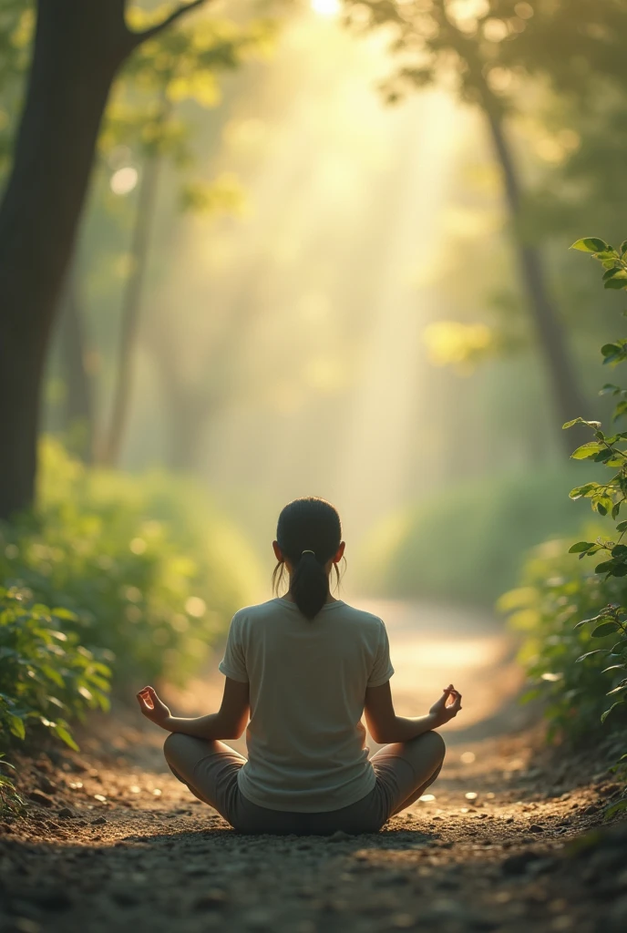 Display a person sitting in a calm environment, practicing deep breathing exercises. Overlay text "Reduce stress."