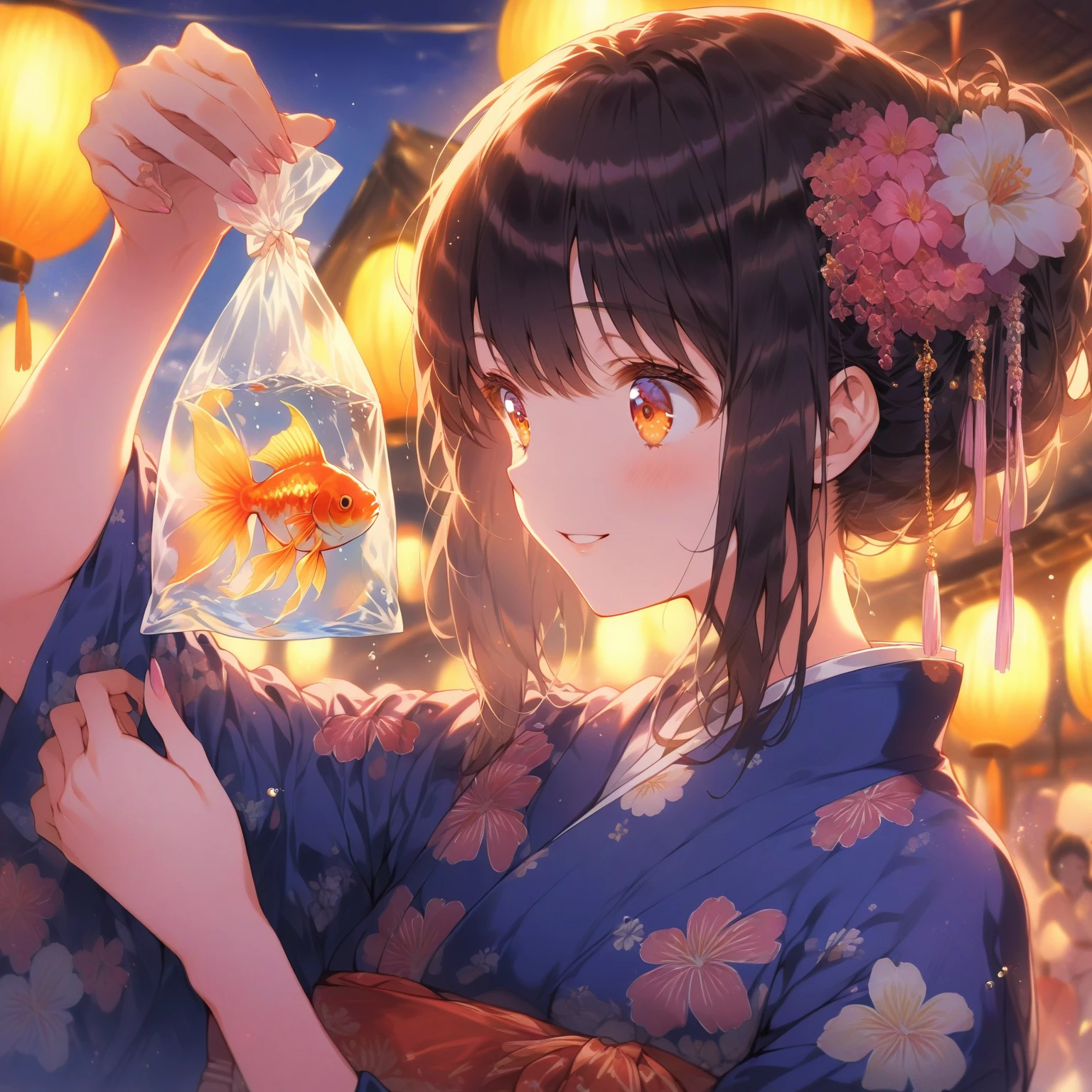 score_9_up, score_9, score_8_up, score_7_up, source_anime,masterpiece, best quality, high resolution, extremely detailed CG, absurdres, highres,On the evening of the summer festival, 1girl, solo, a girl in a yukata holds a goldfish in a small transparent plastic bag. The girl lifts the bag in front of her eyes and looks ahead through the water in the bag with a gentle smile, good_hands, Long eyelashes, detailed beautiful eyes, looking away