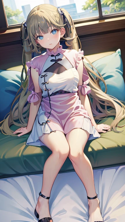 ((masterpiece)),best quality,high resolution,Hanabusa Lisa, very long hair, twintails, blue eyes,aroused,((sundress)),evening,full body,hotel room on the bed,