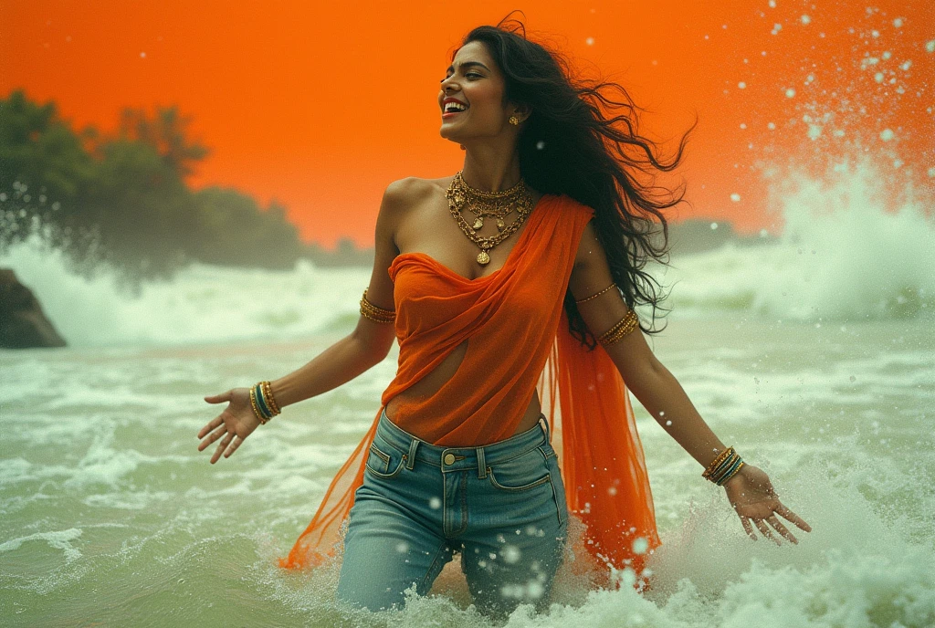 70s setting, grainy analog film, ultra-detailed, abstract art, glamour artwork, conceptual art, beautiful provocative style indian woman in jeans, playing in wide river with ecstasy, traditional accessories, abstract, orange white green, void, vivid, detailed sari