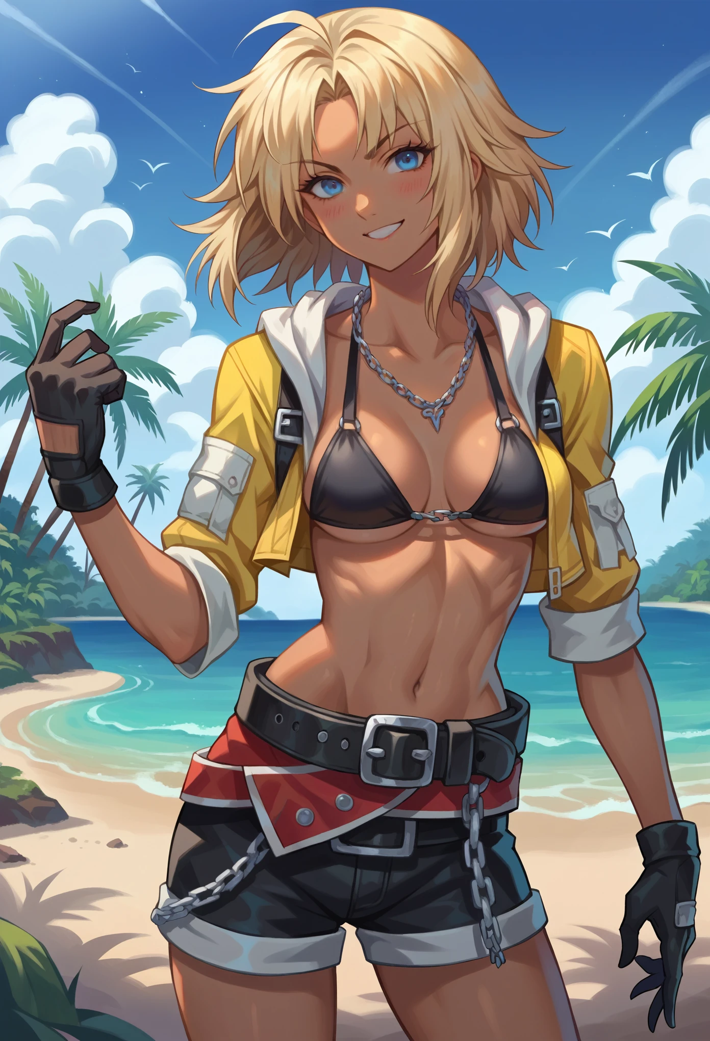 score_9, score_8_up, score_7_up, source_anime, 1girl, solo, (female:1.2), female focus, TidusFFX, blonde hair, dark hair roots, (medium hair), blue eyes, dark skin, solo, open clothes, shorts, black gloves, necklace, shorts, top bikini, back bikini, belt, chain, standing, blushing, slight smile, fighting stance, looking at you, tropical village, clear sky, day