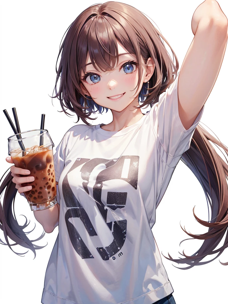 high resolution,Perfect Anatomy,Accurate anatomy,1 person,I'm holding an iced coffee and drinking it., ,Trendy hair,Trendy hair color,Trendy T-shirts,((White Background)), head whole,Various poses,smile,はにかむsmile,恥ずかしそうなsmile