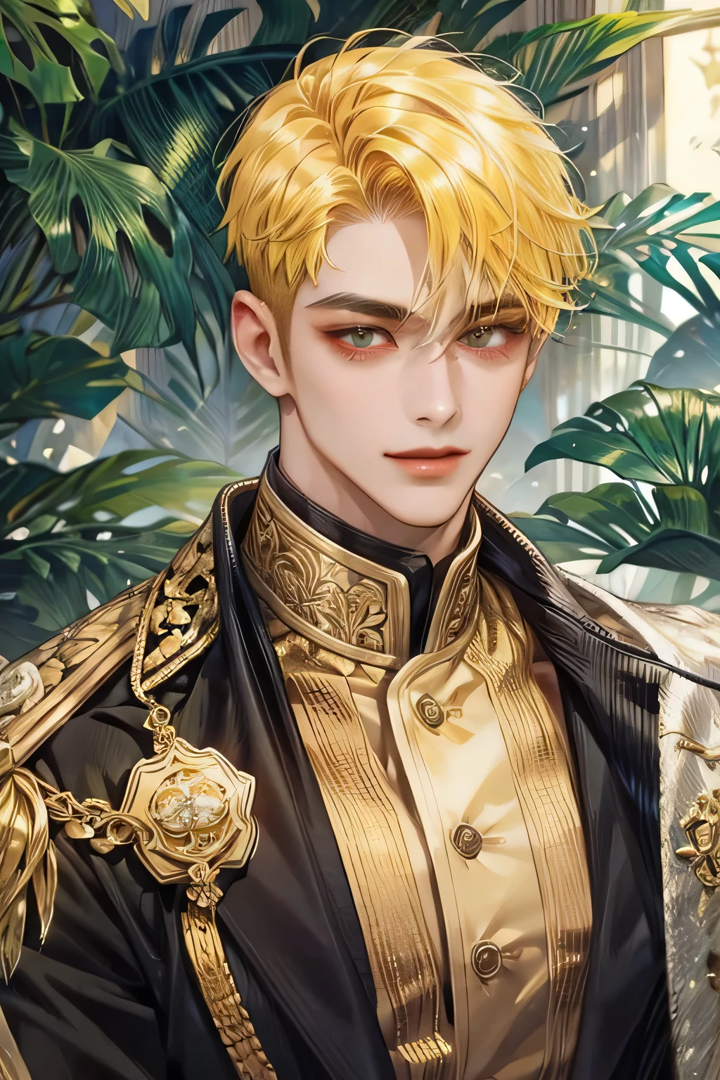 1man, yellow curly undercut hair, javanese style, masterpiece, best quality, realistic, romantic and charming, 29 years old, yellow eyes, serious, extremely detailed face, dark skin, smile,, ((short-undercut yellow hair)), [ eyebrows], red suit, forest, accurate, detailed
