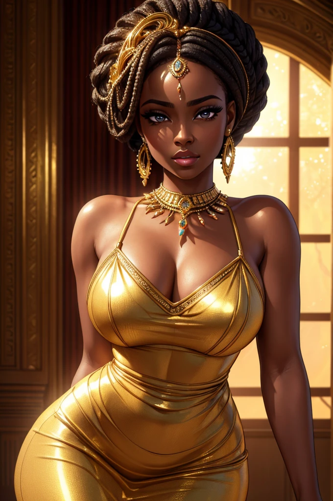 beautiful African woman, short (golden) dress that seems to flow like honey, dark skin, beautiful detailed eyes, beautiful detailed lips, extremely detailed eyes and face, long eyelashes, intricate jewelry, warm lighting, photorealistic, 8k, high quality, cinematic, dramatic lighting, vibrant colors, glowing skin, elegant pose, graceful movement, lush environment, (best quality, 4k, 8k, highres, masterpiece:1.2), ultra-detailed, (realistic, photorealistic, photo-realistic:1.37)