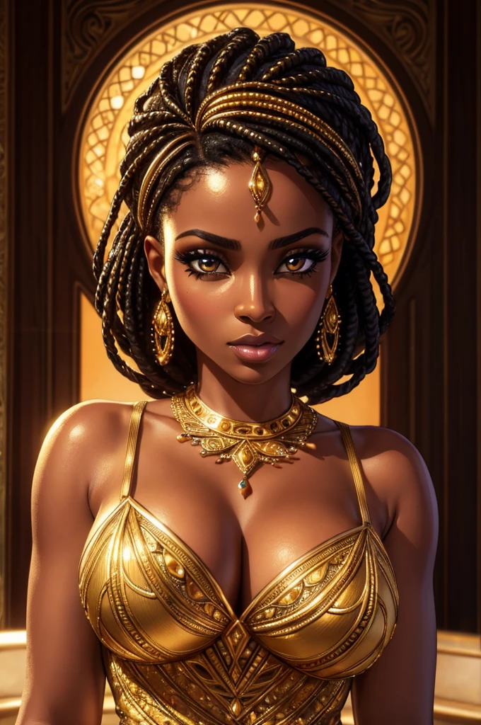 beautiful African woman, short (golden) dress that seems to flow like honey, dark skin, beautiful detailed eyes, beautiful detailed lips, extremely detailed eyes and face, long eyelashes, intricate jewelry, warm lighting, photorealistic, 8k, high quality, cinematic, dramatic lighting, vibrant colors, glowing skin, elegant pose, graceful movement, lush environment, (best quality, 4k, 8k, highres, masterpiece:1.2), ultra-detailed, (realistic, photorealistic, photo-realistic:1.37)