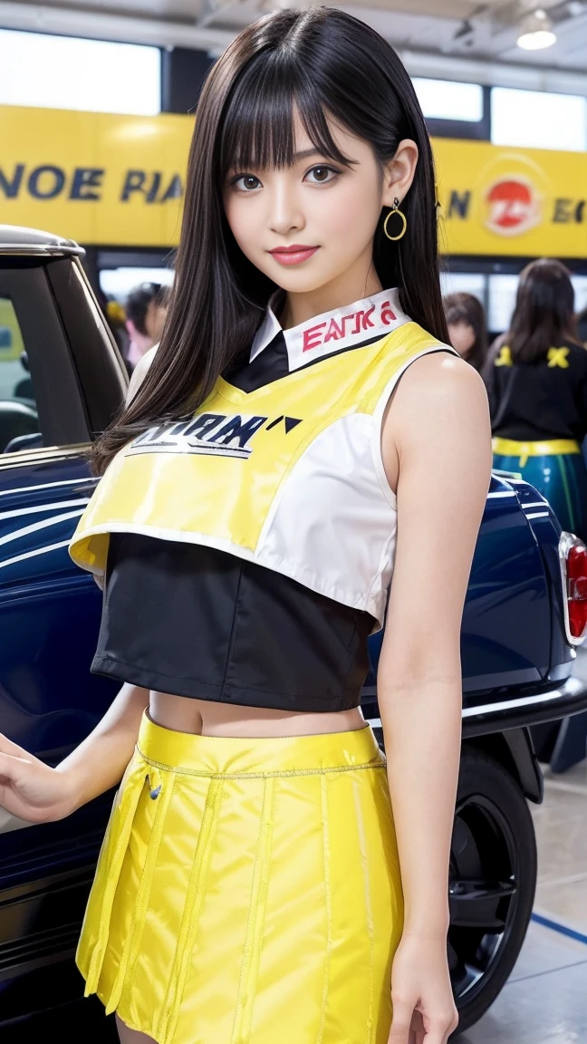(masterpiece), (Racing Girls), Black Hair, A faint smile,Highly detailed eyes and face, Jet Black Hair、Straight Hair、Beautiful and delicate eyes, , (big breast), (Highest quality, High resolution, reality, original, 8k,masterpiece, ),(((A vibrant, very short enamel mini skirt))),(Vibrant colors:1.2),Exhibition Hall、Convention Hall、Beautiful lighting、Racing Car、((japanese racequeen))、((An incredibly short yellow enamel skirt:1.5))、((Sleeveless Costume))